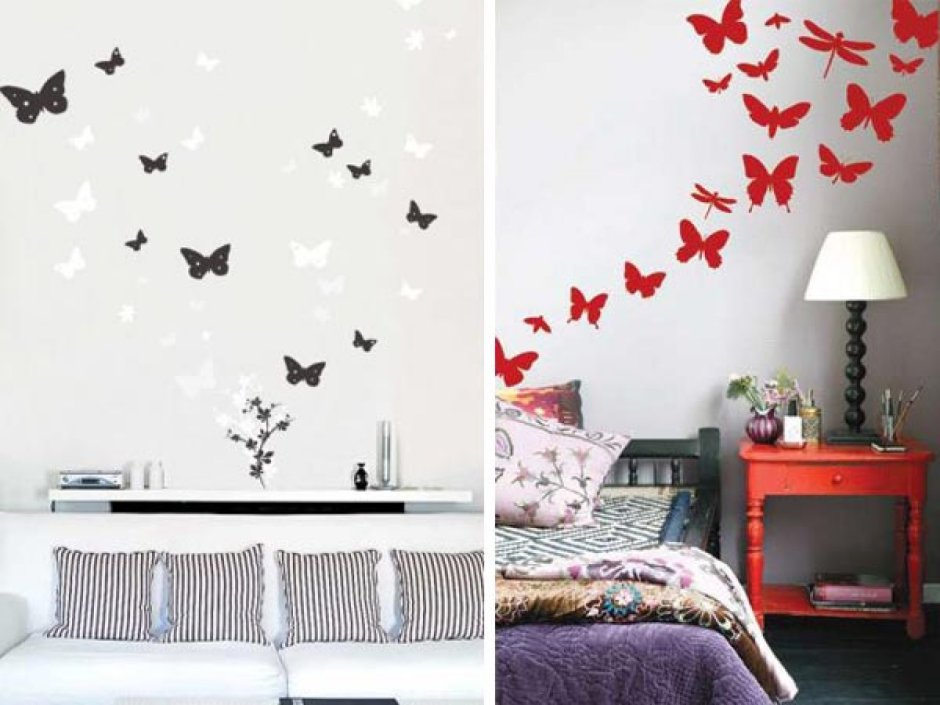 Расположение бабочек на стене в интерьере спальни