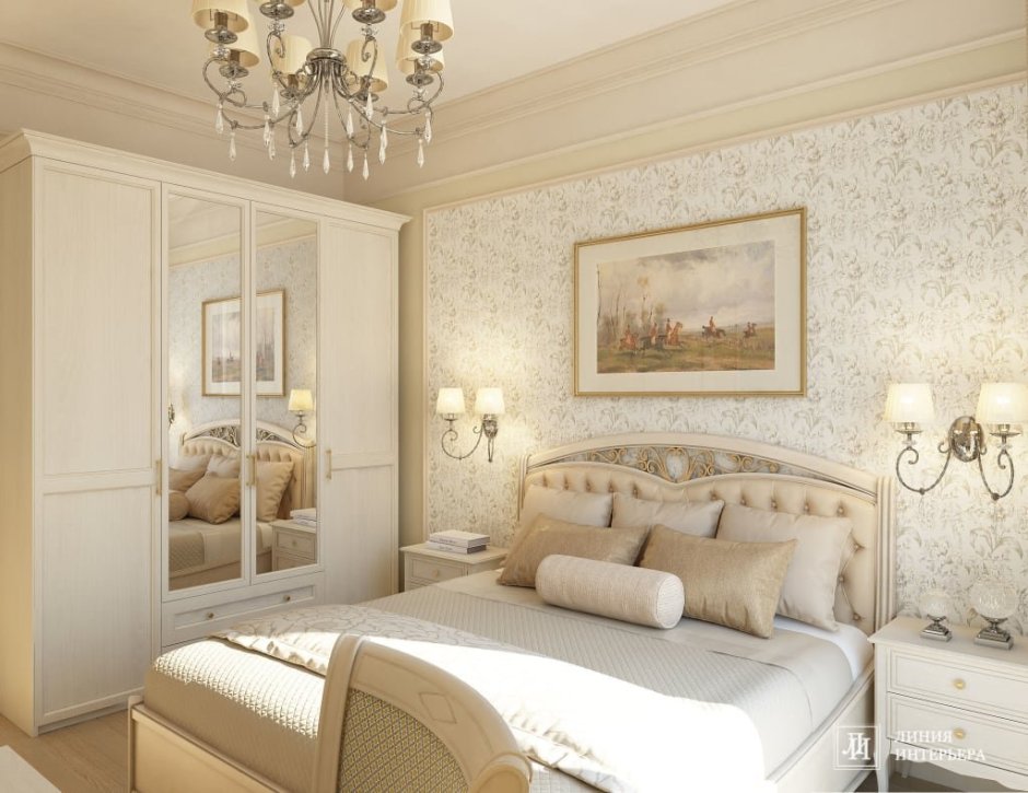 Спальная комната в стиле классика с мебелью шкафом в Светлом оттенке