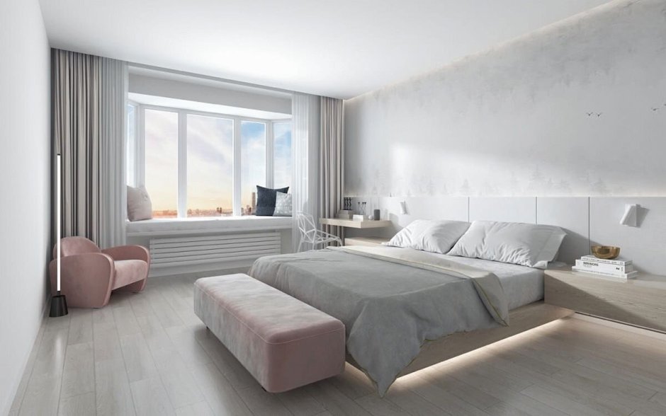 Стильная спальня в современном стиле в светлых тонах Минимализм
