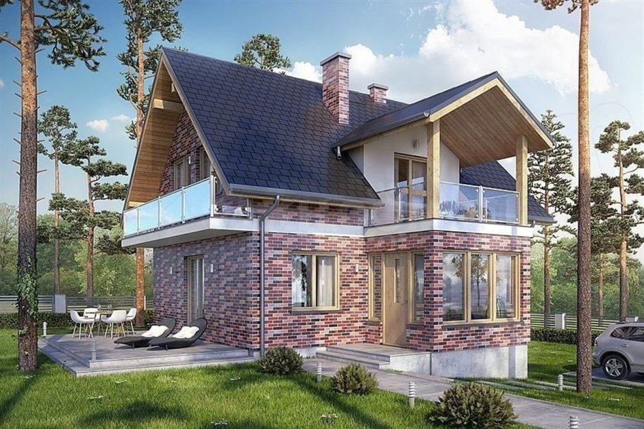 Двухэтажный дом с террасой и балконом