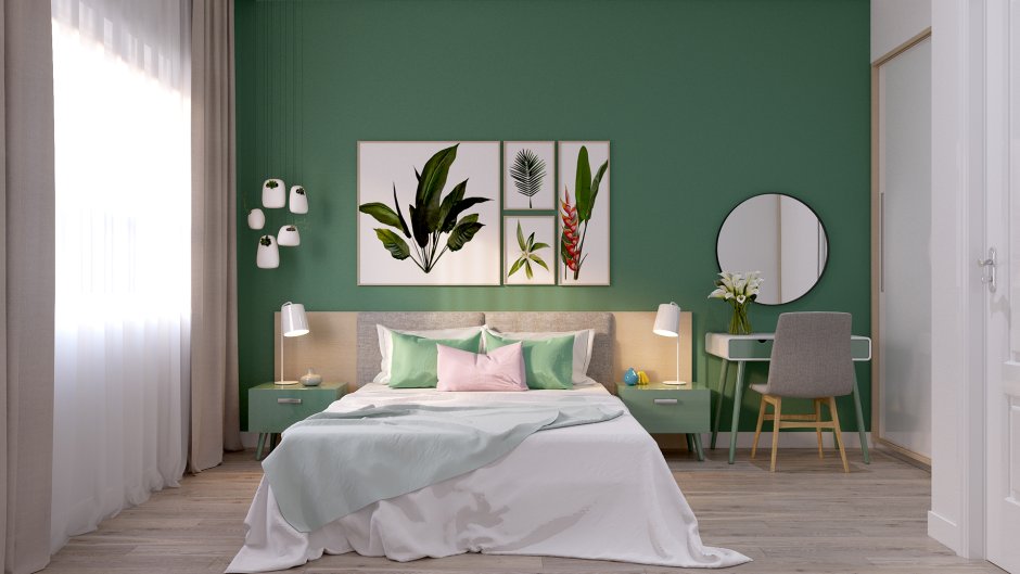 Спальня в скандинавском стиле с зеленым цветом
