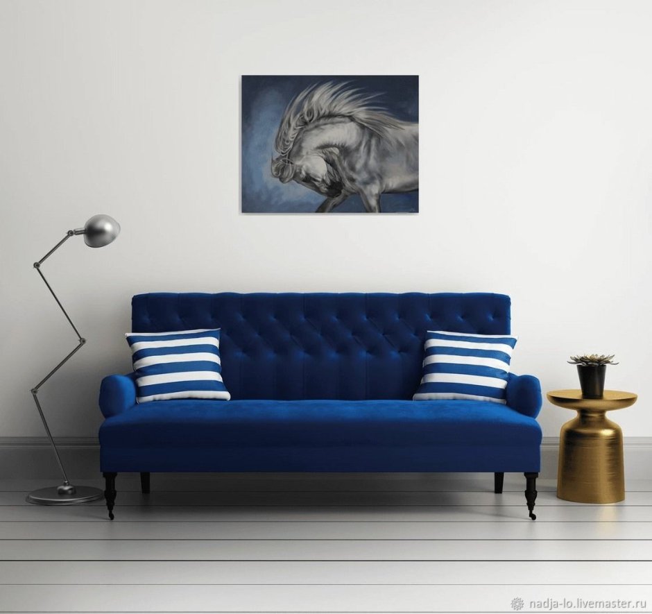 Modern Blue Sofa with Corduroy Pillows