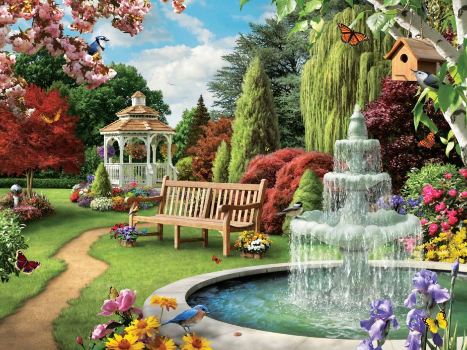 Сад с фонтаном и беседкой
