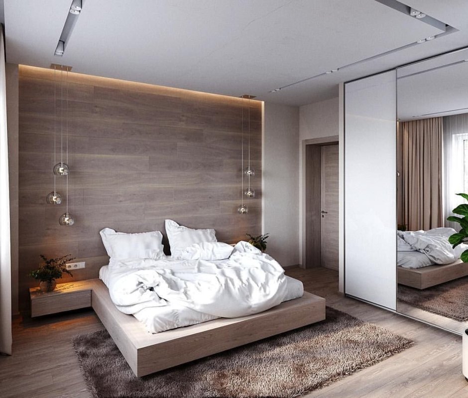 Спальня современный стиль серый и дерево