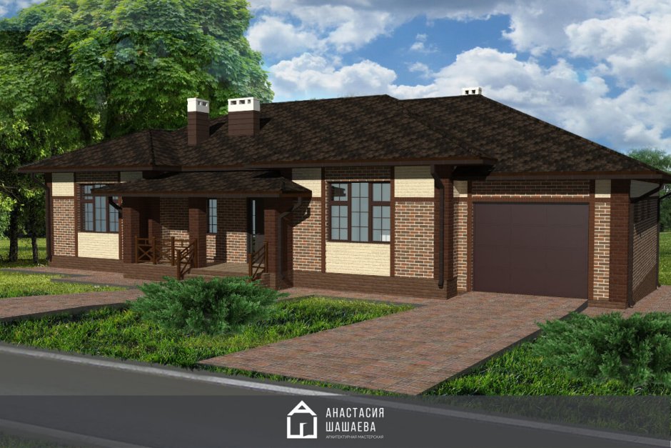 Одноэтажный дом с верандой и гаражом под одной крышей