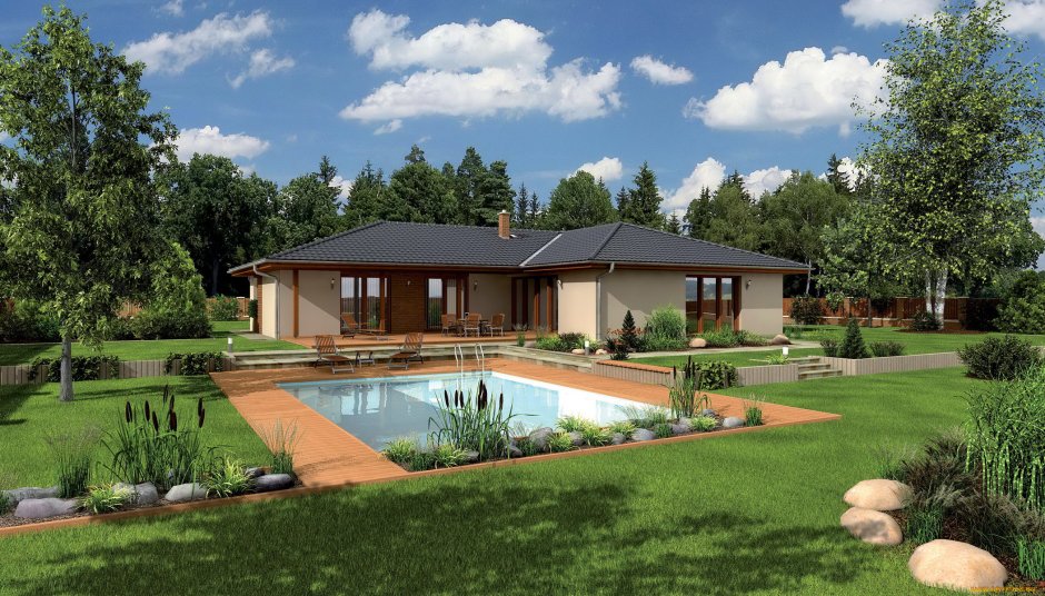 Одноэтажный дом с газоном