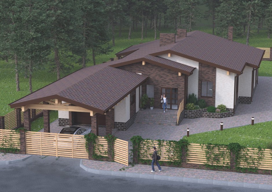 Одноэтажный дом с гаражом и террасой и баней