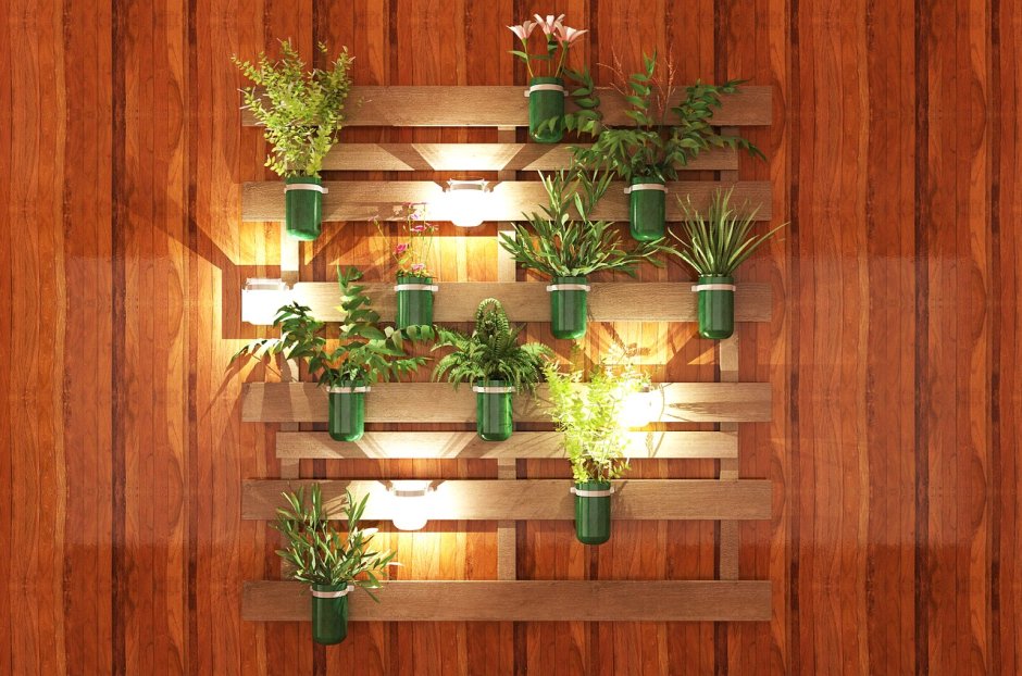 Декор стены растениями в деревянных горшках