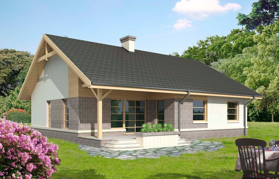 Одноэтажный дом с двускатной крышей и террасой