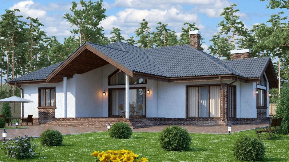 Одноэтажные дома с гаражом и террасой