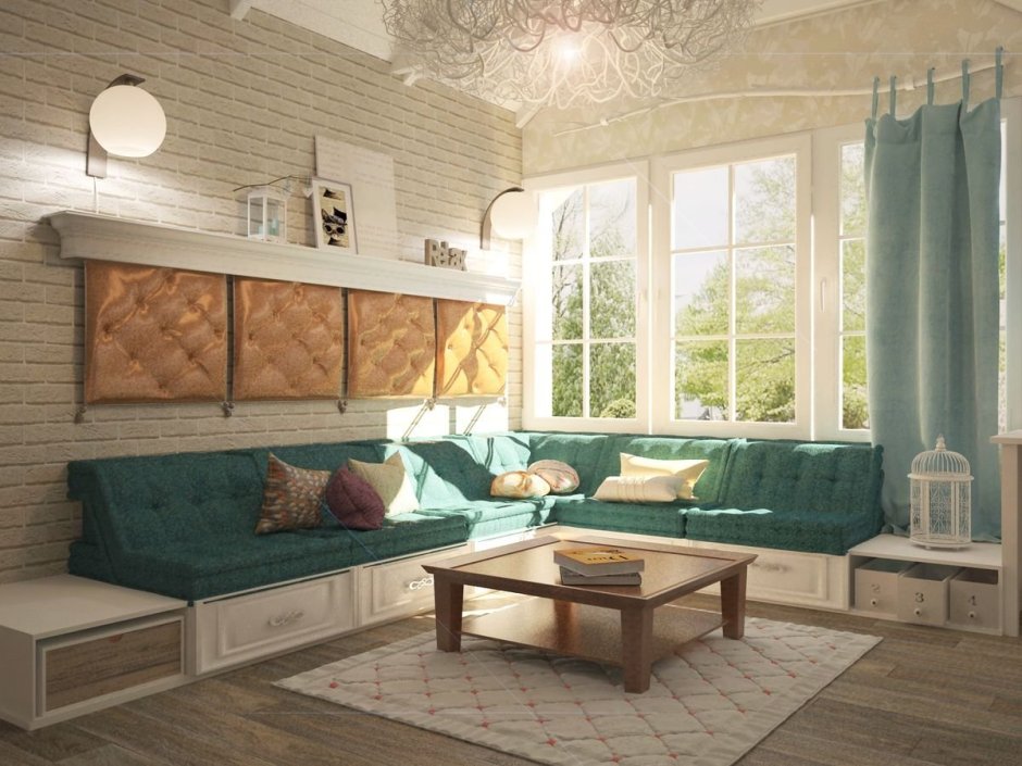 Зеленый диван в интерьере деревянного дома