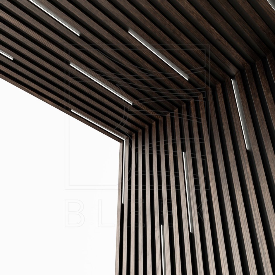 Черный потолок с деревянными рейками