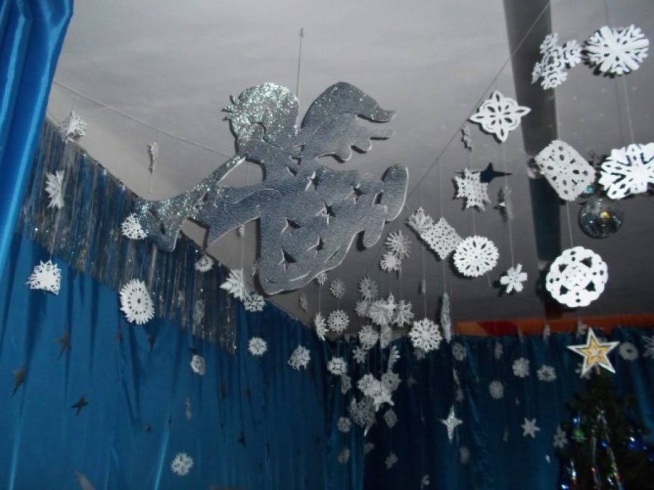 Украшение зала к новому году в детском саду на потолок