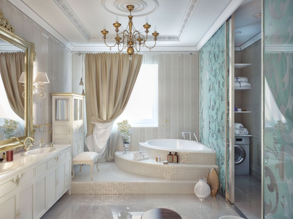 Ванная комната с окном в классическом стиле