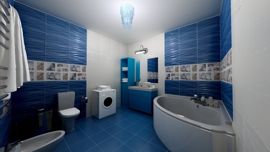 Плитка в ванную синяя с белым