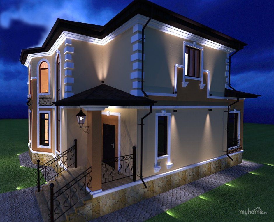Двухэтажный дом с подсветкой