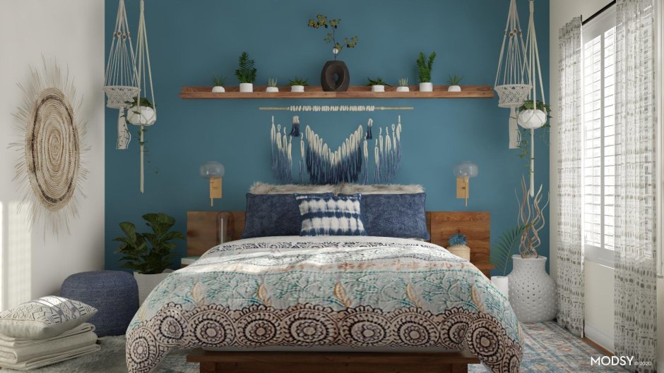Стиль бохо в спальне в голубом стиле