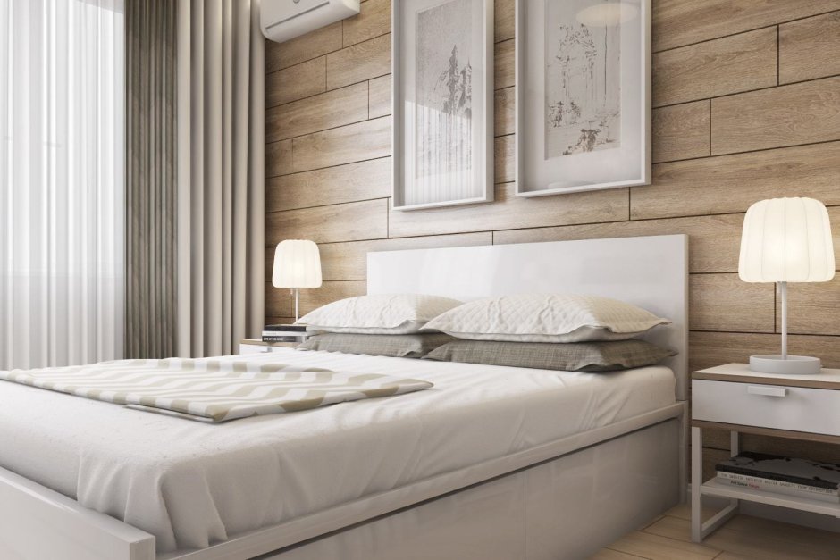 Светлая спальня с деревянной стеной