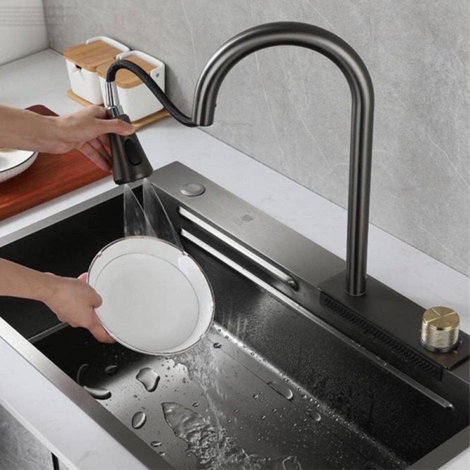 Lefton Kitchen Sink Set with rainfall Faucet & Pull-out Faucet & Drain Basket & Cutting Board ks2203