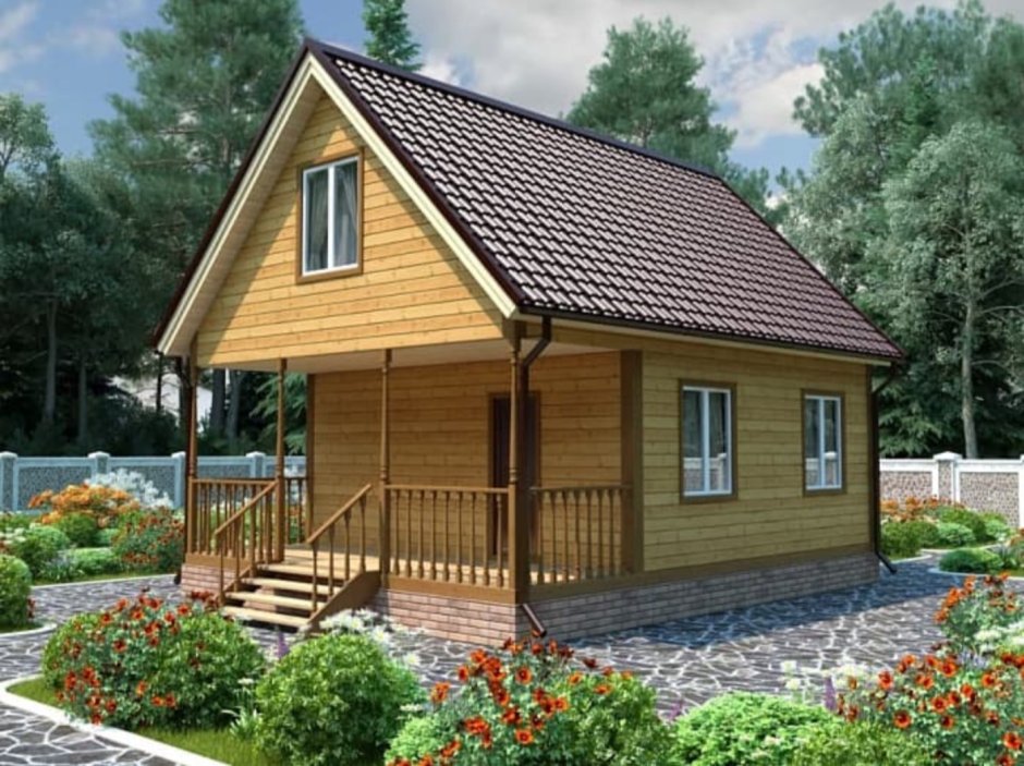 Каркасный дом 6 на 8 с мансардой и террасой