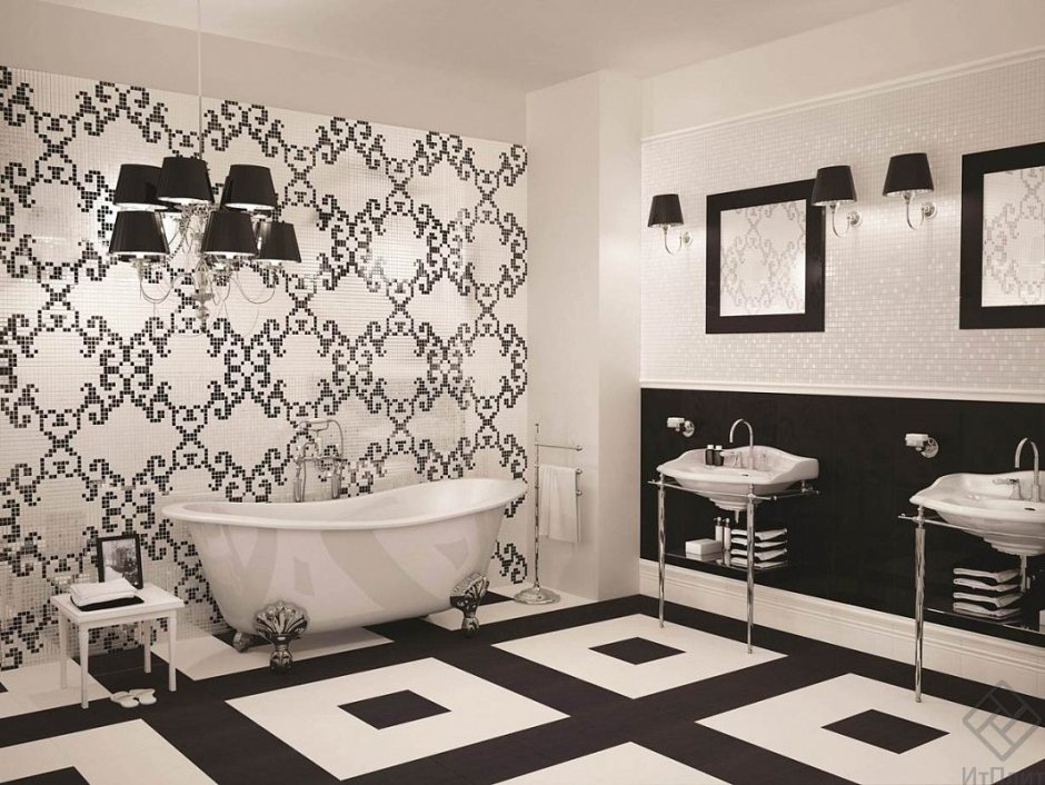 Плитка в ванной черно белая с орнаментом