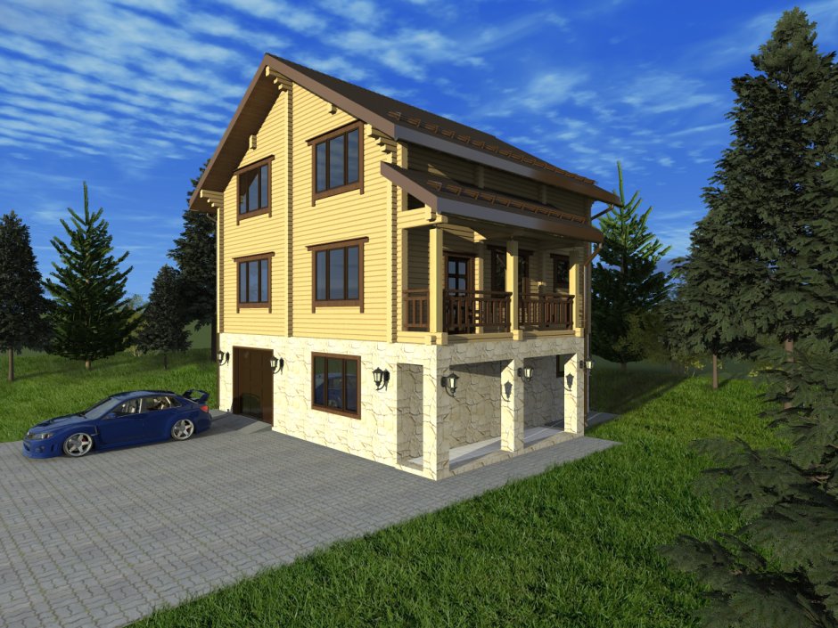 Двухэтажный дом с высоким цоколем