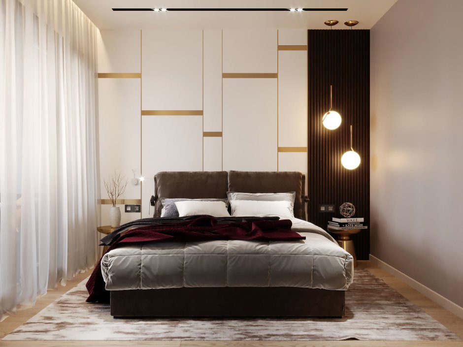Спальня со стеной за кроватью и гардеробом