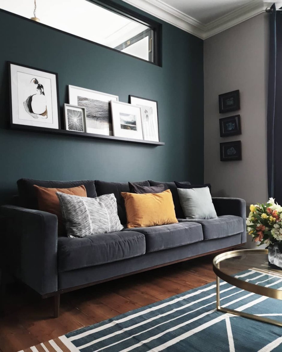 Green Walls with Grey Couch
