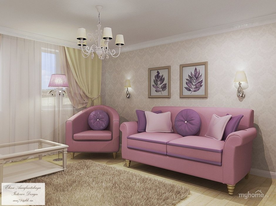 Лавандовый диван в интерьере гостиной