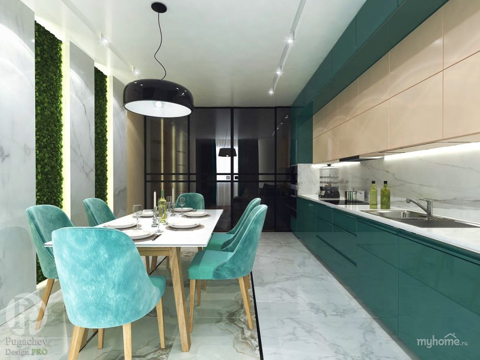 Серая кухня со стульями цвета морской волны