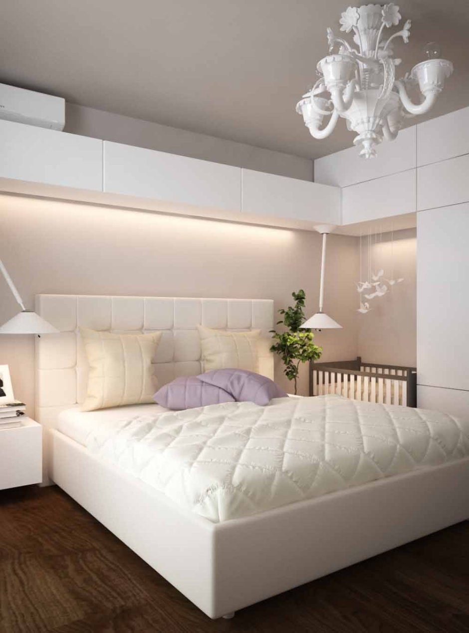 Интерьер спальни с белой мебелью