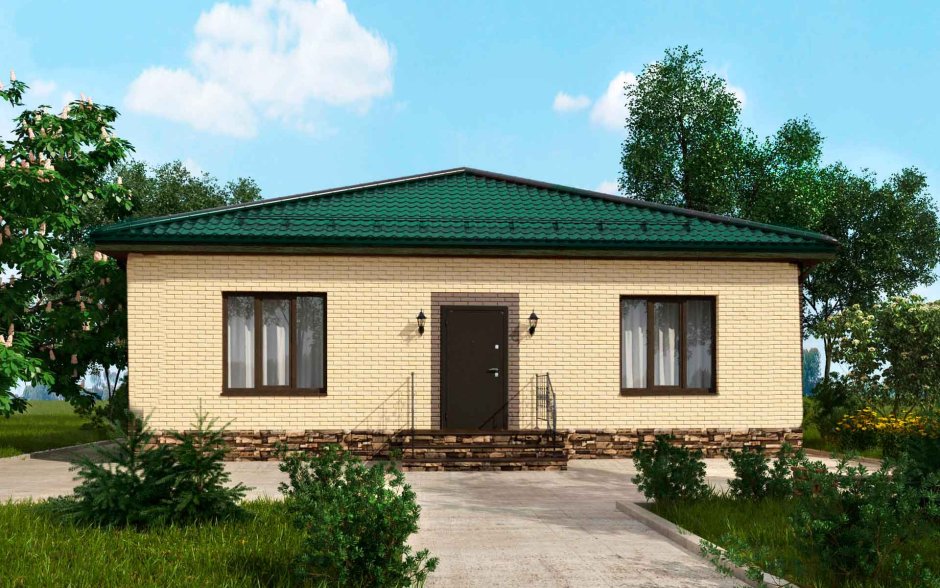 Дом из желтого кирпича с зеленой крышей одноэтажный