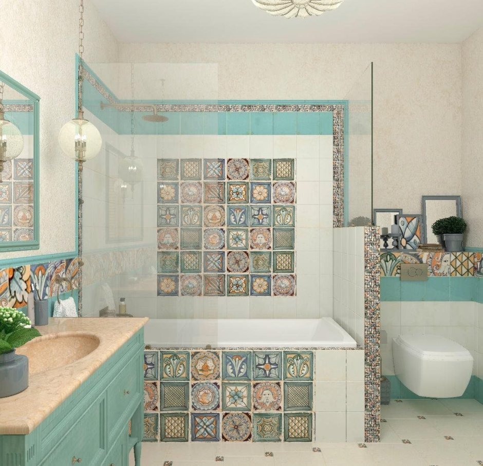 Средиземноморский стиль ванной комнаты плиткой