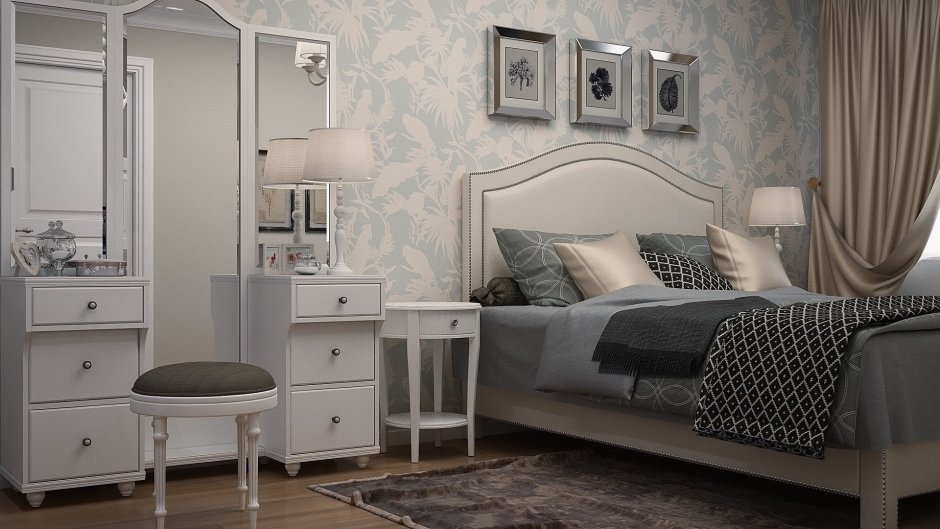 Спальня с серыми обоями в современной классике