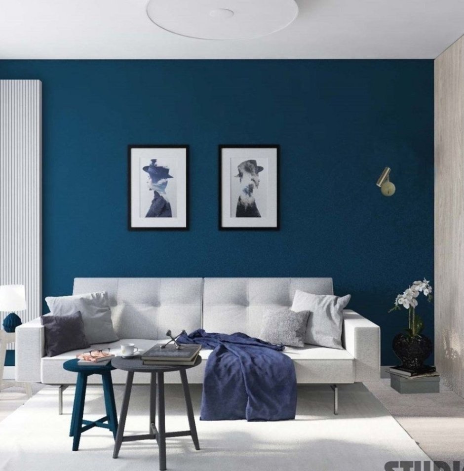 Интерьер синие стены белая мебель