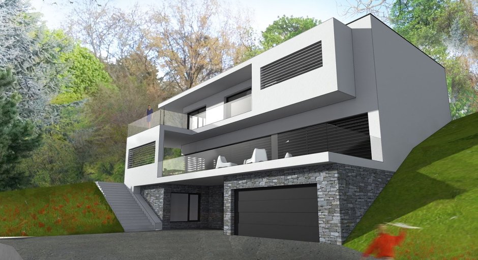 Дом с плоской крышей двухэтажный на склоне