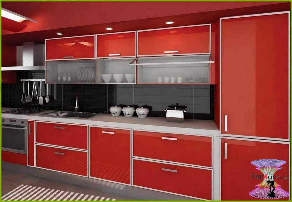 Кухня с красными шкафами