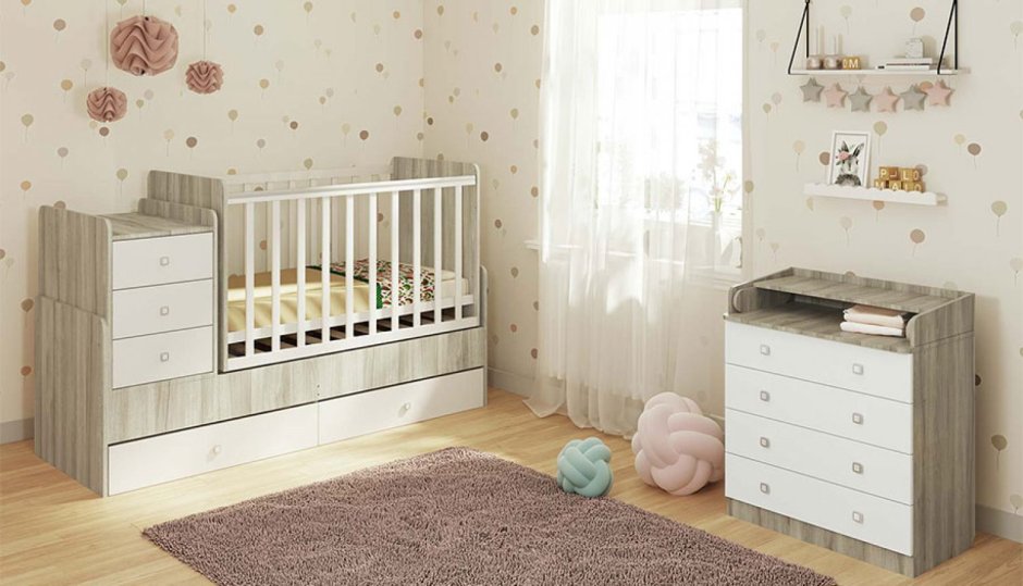 Кроватка детская Polini Kids simple 1100 с комодом, вяз-белый