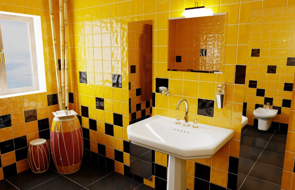 Ванная комната с желтой плиткой