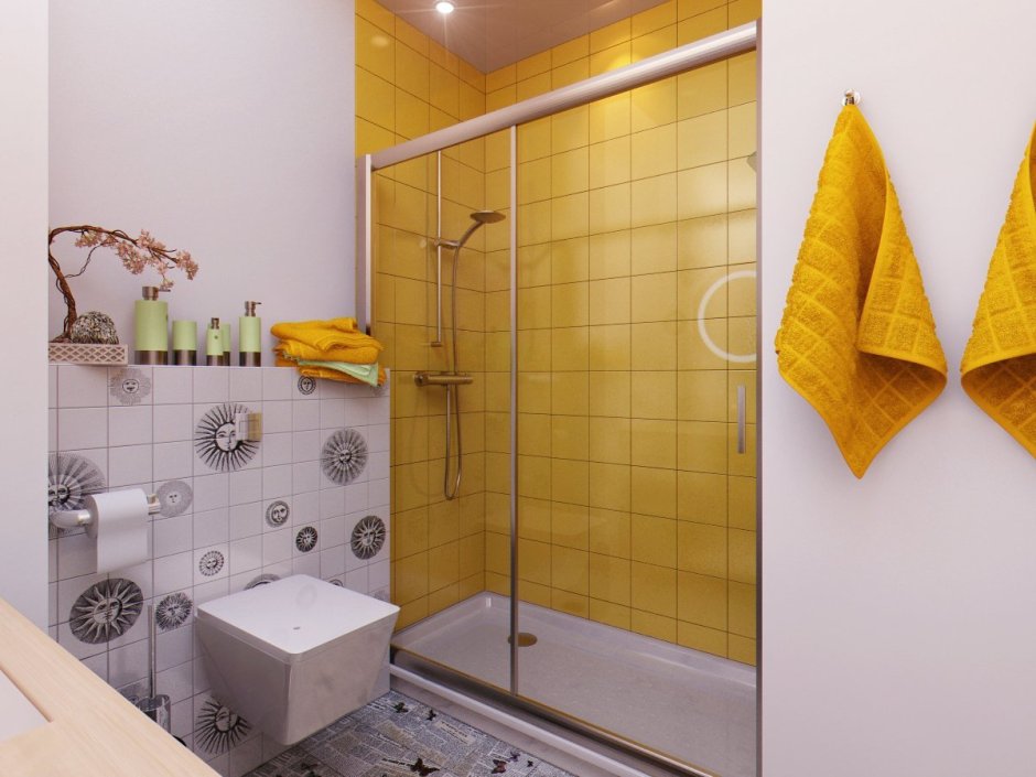 Серая ванная комната с желтым душевой