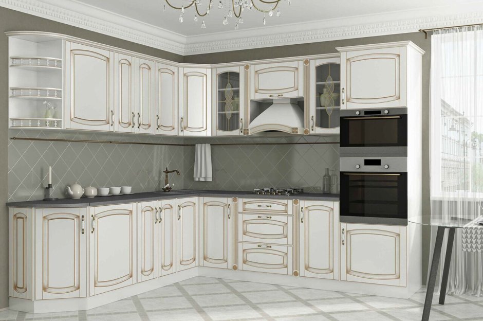 Кухня классика светлая с патиной угловая