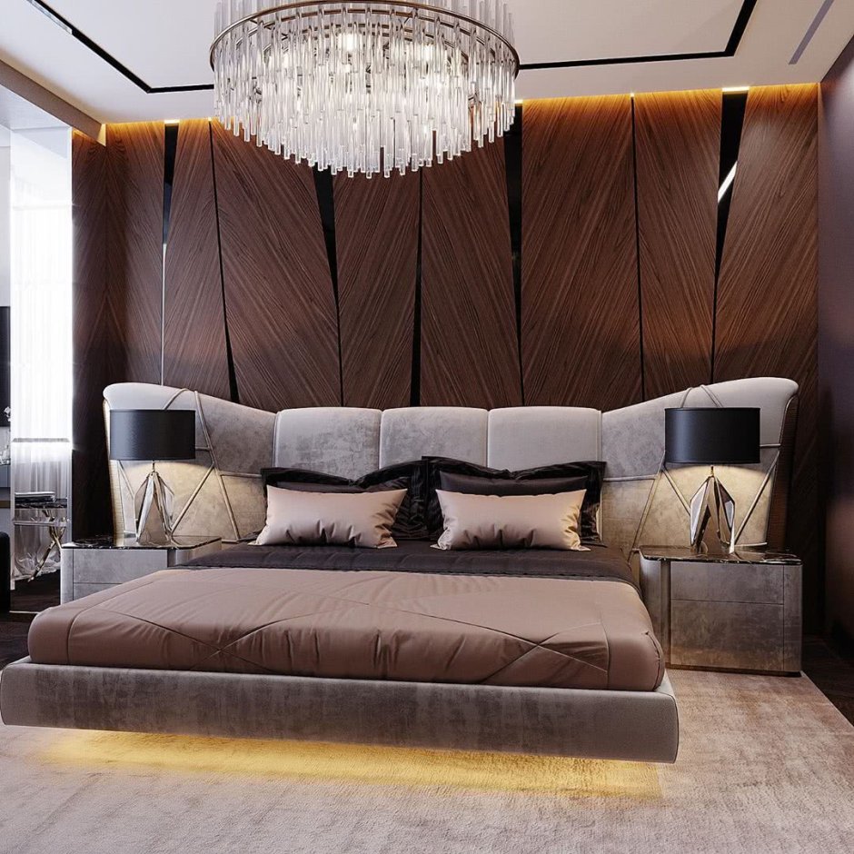Стеновые панели из шпона в спальне с подсветкой