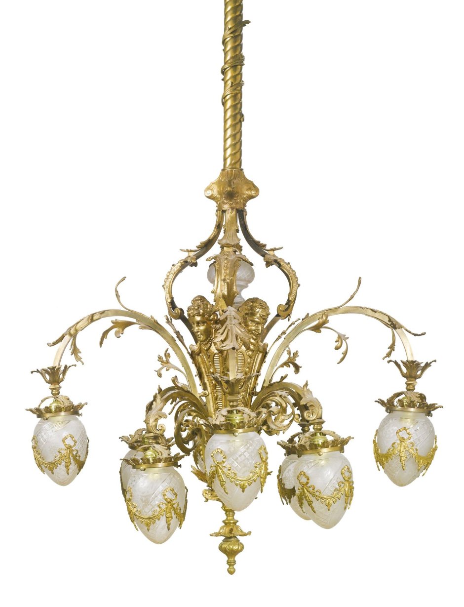 French Style Chandelier Lamp-early 20th Century-Bronze and Crystal 4-Light Lamp