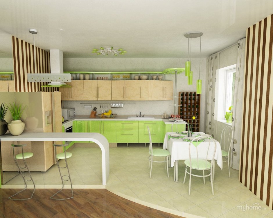 Кухня в зелено-бежевых тонах