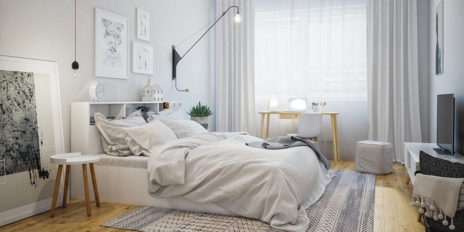 Спальня с диваном в скандинавском стиле