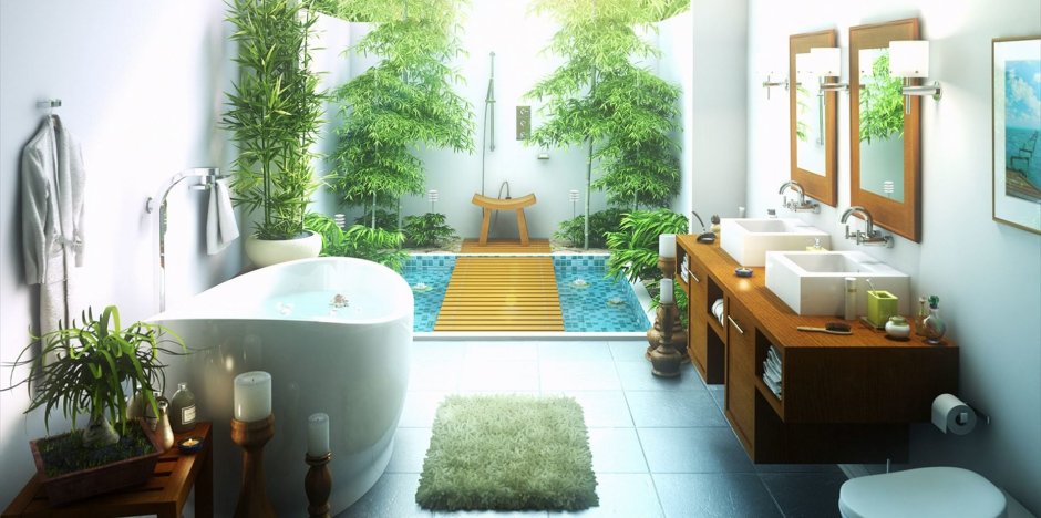 Тропический интерьер ванной