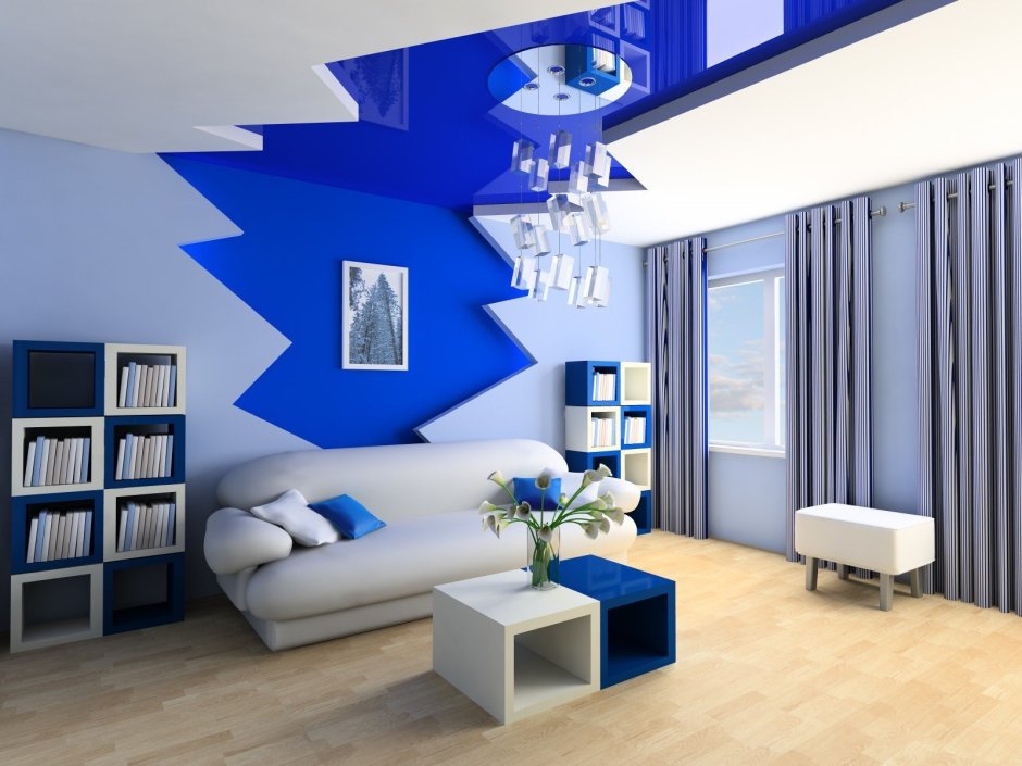 Натяжной потолок синего цвета