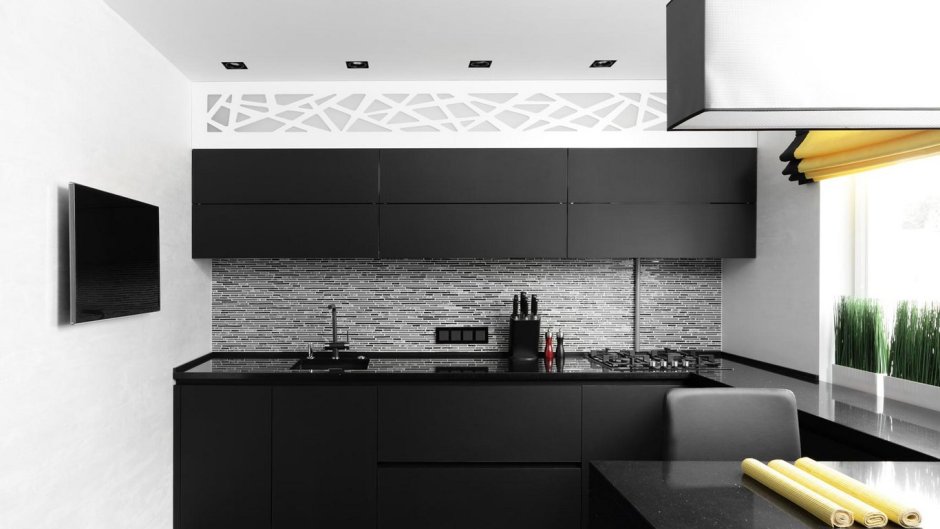 Черная глянцевая кухня в интерьере