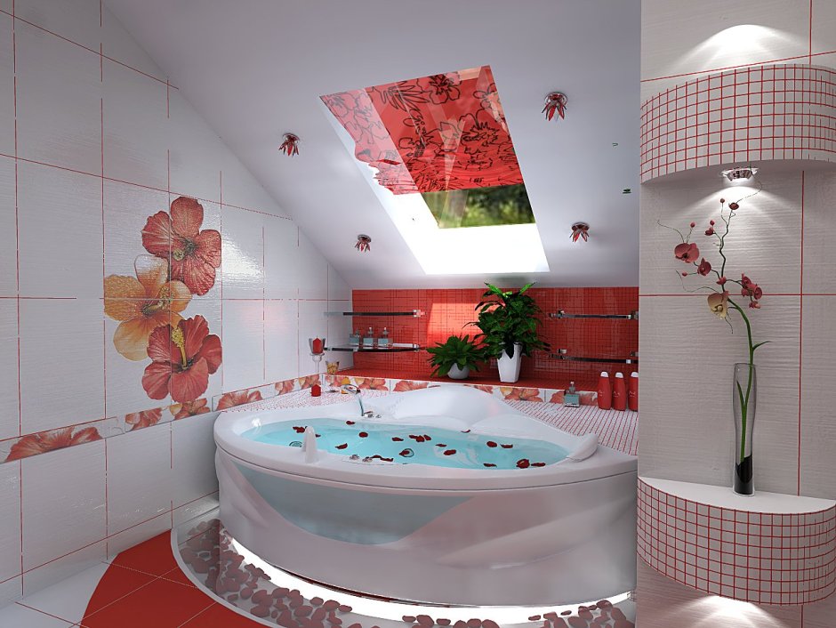 Яркий дизайн угловой ванной комнаты