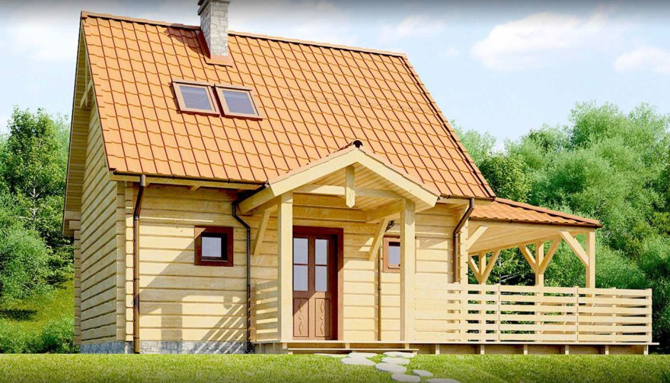 Баня с двухскатной крышей и террасой